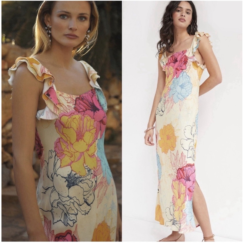 Anthropologie Conditions Apply Floral Maxi Dress Ruffle Strap Pink Combo